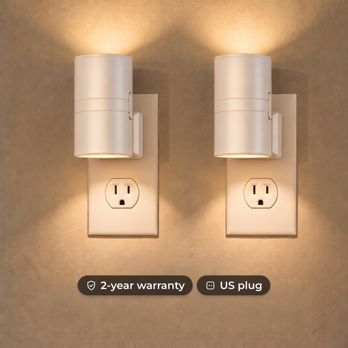 Plug-in up and down LED wall lights in white, glowing warm white