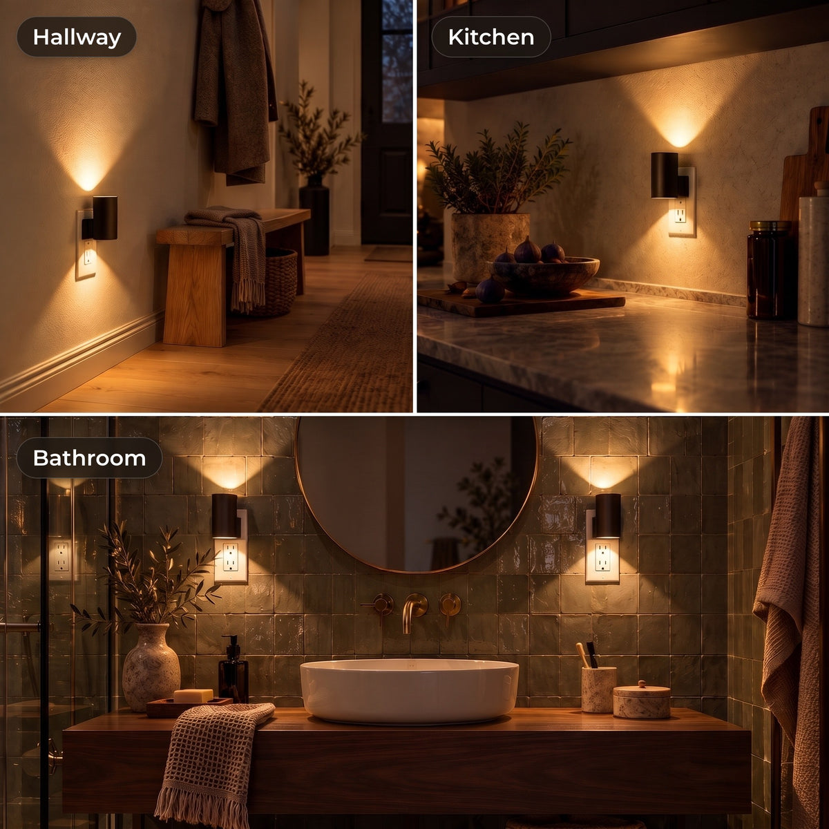 Plug-in wall lights in the hallway, kitchen and bathroom