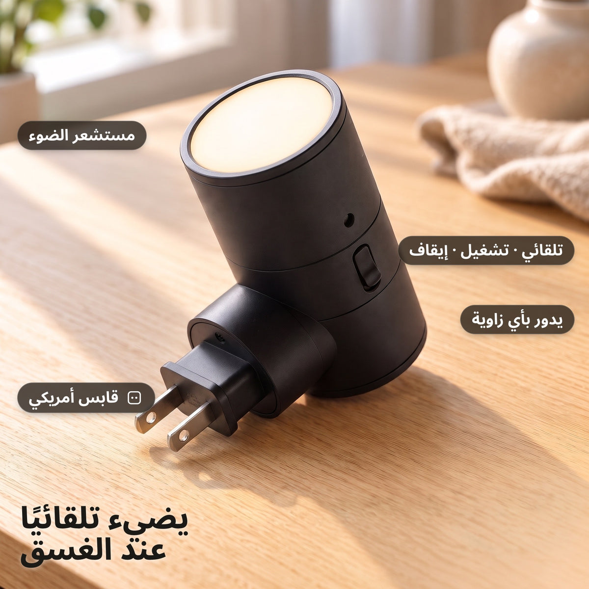 لقطة مقربة لحساس الضوء ومفتاح Auto/On/Off والقابس الأوروبي الدوار