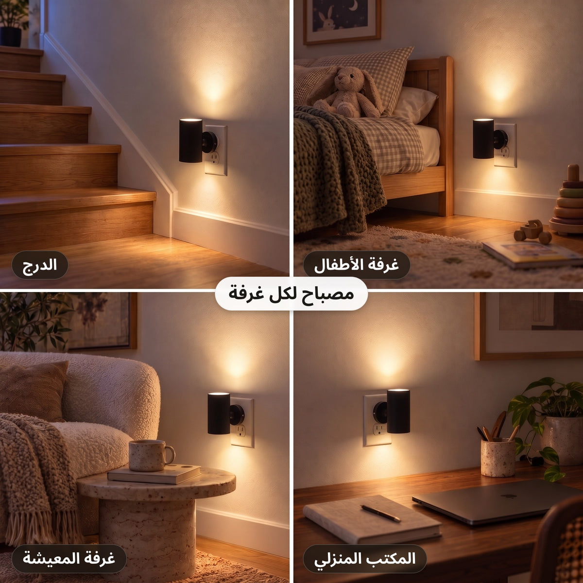 مصباح جداري بقابس كهربائي على الدرج وفي غرفة الأطفال وغرفة المعيشة والمكتب المنزلي