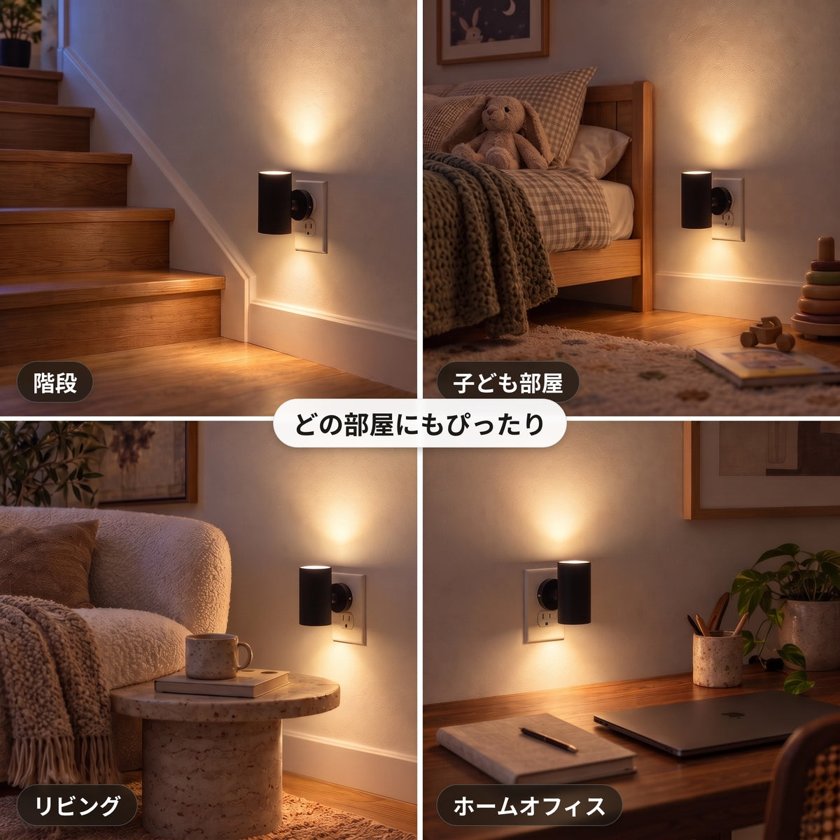 階段、子ども部屋、リビング、書斎に設置したコンセント式ブラケットライト